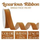 MEEDEE Copper Velvet Ribbon 1 Inch Single Face Nylon Velvet Ribbon 2 Rolls 20 Yards Cognac Ribbons for Christmas Tree, Gift Wrappig, Rustic Wreath, Velvet Bow Making, Floral Bouquet, Home Decor