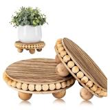 HouseJoy 2Pcs Wood Risers for Display Decorative,Round Beaded Riser Distressed for Decor ,Wooden Farmhouse Coasters Mini Cake Stand Plant Stand,Rustic Pedestal Stand Decor Display Risers for Tiered