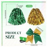 Hanaive 3 Pcs Plastic Cheerleading Pom Poms and Large Cheerleader Hair Bow Metallic Foil Cheer Supplies for Dance Squad Rooters Accessories(Green Gold,Classic)