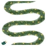 Biswing 50FT Pre-lit Christmas Green Garland, Lighted Artificial Pine Garlands with 100 Count Clear Incandescent Mini Lights, Light Up for Indoor Outdoor Gate Home Winter Holiday New Year Decorations