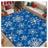 Likiyol Christmas Area Rug 3x5 Rugs Soft Washable Rug for Bedroom, Non Slip Snowflake Xmas Throw Rugs Winter Checkered Christmas Carpet for Nursery Kitchen, Holiday Decor, Low Pile, Blue
