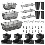 Sieral 30 Pcs Pegboard Organizer Accessories Kit Includes Peg Board Shelving Storage Basket Organizer Bins Hooks Loops Cup with Cup Holder for Garage Room Wall Attachments Tools(Black)