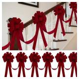 Suncalla 14 ft Christmas Bows Garland for Stairs Decoration Xmas Fence Outdoor Decor 6 Pcs 24 x 12 Inch Large Christmas Velvet Bows for Xmas Party Indoor Outdoor Fireplace Mantle Supplies(Burgundy)