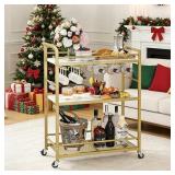 3 Tier Bar Cart Gold, Stylish Rolling Bar Cart, Gold Wine Cart with Wheels, Small Beverage cart, Metal Bar Carts Home, Liquor Cart with Glass Holders & Wine Rack for Kitchen Living Room GBC507G