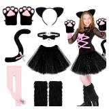 Haull 8 Pcs Halloween Kitten Cat Costume Accessories Girl Cat Ear Tail Gloves Bell Choker Necklace Tights Skirt Calf Sleeves (Black and Pink,M)