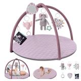 Blissful Diary Baby Play Gym Mat, Tummy Time Activity Mat with 6 Detachable Toys for Stage-Based Sensory & Motor Skill Development, Easy to Install & Clean, Baby Essentials Gift, Lavender Pink