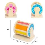 Montessori Spinning Drum Baby Toys, Wooden Tummy Time Mirror Play Kit and Rainbow Fabric Ball Kit Toys for 1 2 3 Years Toddlers