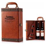 Wine Gift Box with 4 Wine Accessories Set,Portable Two Bottle Wine Carrier Case for Christmas,Wedding, Anniversary, Party,Vintage Leather Wine Storage Box for Home Bar Decor and Wine Collection