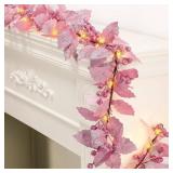 Syhood 1 Pcs Christmas Glitter Berry String Garland 6ft Artificial Lighted Berry Holly Leaves Garland Indoor Outdoor LED for Christmas Holiday Fireplace Mantel Decor (Pink)