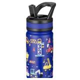 Fanhaw 14 Oz Kids Insulated Water Bottle with Straw - Stainless Steel Double Wall Vacuum Cup, Leakproof, BPA Free, Suitable for Boys and Girls(Blue - Under Construction)