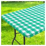 Spotjoy Rectangle Vinyl Table Cloth, Waterproof Elastic Fitted Tablecloth with Flannel Backing, Plastic Table Cover for Picnic, Camping, Outdoor (White & Green, 30\"x72\")