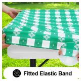 Spotjoy Rectangle Vinyl Table Cloth, Waterproof Elastic Fitted Tablecloth with Flannel Backing, Plastic Table Cover for Picnic, Camping, Outdoor (White & Green, 30\"x72\")