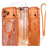 Meifigno Designed for iPhone 17 Pro Max Case 6.9", [Glitter Card & Wrist Strap] [Compatible with MagSafe] [2X HD Screen Protectors] Surround Raised Lens Protection for 17 ProMax Case, Cosmic Orange