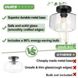 Industrial Semi Flush Mount Ceiling Light, 800 Lumen LED Bulb Included, Seeded Glass Shade Farmhouse Light Fixture for Hallway Corridor Kitchen Bathroom Bedroom Passway