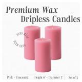 Mister Candle Dripless Unscented Pillar Candles, Set of 3 Hand Poured Pink Pillar Candles, Solid Color Non-Scented Candles for Home Decor, Premium Wax, 80 Hr Burn Time, 3x6 Inch