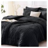 MUXHOMO 7 Pieces King Comforter Set, Seersucker Bed in a Bag King Size, All Season Luxury Bedding Set with Comforter, Flat Sheet, Fitted Sheet, Pillowcases & Shams, Black