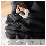 MUXHOMO 7 Pieces King Comforter Set, Seersucker Bed in a Bag King Size, All Season Luxury Bedding Set with Comforter, Flat Sheet, Fitted Sheet, Pillowcases & Shams, Black