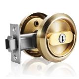 ZZBUY Pocket Door Lock with Key, Round Recessed Pocket Door Latch with Hidden Pull Ring, 2-3/8" Backset (1 Pack Gold)