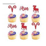 24 PCS Aries Cupcake Toppers Glitter 12 Constellation Aries Cupcake Picks March April Birthday Cake Decorations for Horoscope Astrology Birthday Party Cake Decorations Supplies Red