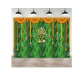 7x5ft(2.1mx1.5m) Pooja Backdrop Decoration Cloth Items Indian Ganpati Puja Traditional Chatiya Ganesh Mehndi Photography Background Festival Wedding Party Marigold Garlands Photo Booth Props Banner