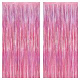2 Pack Glitter Pink Backdrop, 3.28 FT x 7.05 FT Birthday Party Decorations, Laser Pink Fringe Curtains Foil Streamer Tinsel, Pink Curtains Photo Backdrop Happy Birthday Backdrop