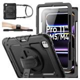 SEYMAC stock for iPad Pro 11 inch Protective Case M5 2025/M4 2024, Heavy Duty Case with Screen Protector, Pencil Holder, Rotating Stand, Hand Strap, Shoulder Strap, Black