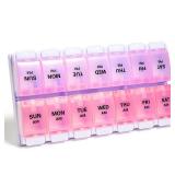 Sukuos AM PM Weekly Pill Organizer 7 Day, 2 Times A Day Medicine Pill Box with Easy Push Button, BPA Free Vitamin Cases for Fish Oil/Supplements, Easy to Clean (Purple&Pink)