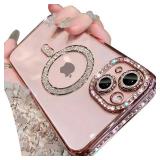 Doulings Magnetic Glitter Diamond for iPhone 15 Pro Max Case[Compatible with MagSafe] Sparkle Rhinestone Camera Lens Protector Plated,Crtstal Clear Slim Military Drop Shockproof Cover for Women,Pink