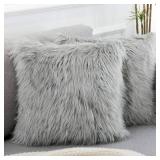 WLNUI Set of 2 Light Grey Christmas Decorative Pillow Covers New Luxury Series Merino Style Faux Fur Fluffy Throw Pillow Covers Fuzzy Cushion Case for Sofa Bedroom Living Room Home Decor 18x18 Inch