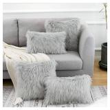 WLNUI Set of 2 Light Grey Christmas Decorative Pillow Covers New Luxury Series Merino Style Faux Fur Fluffy Throw Pillow Covers Fuzzy Cushion Case for Sofa Bedroom Living Room Home Decor 18x18 Inch