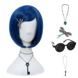 Coraline Women Girls Dark Blue Bob Short Straight Hair Wig Button Glasses Key Necklace Gemstone Necklace Dragonfly Hairpin Costume Party Cosplay Wig (SET2)