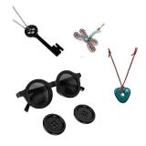 Coraline Women Girls Dark Blue Bob Short Straight Hair Wig Button Glasses Key Necklace Gemstone Necklace Dragonfly Hairpin Costume Party Cosplay Wig (SET2)