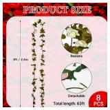 Cream Rose Garland, Fake Rose Hanging Flowers, Artificial Flower Vine, Hanging Floral Vine Garland for Wedding, Birthday Party, Wall Arch, Halloween, Christmas Garden Backdrop Decor 8 pcs 63 ft