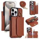 Asuwish Phone Case for iPhone 15 Pro Max Wallet Magnetic Detachable Cover Screen Protector Compatible with MagSafe Crossbody Lanyard Strap RFID Blocking Flip i Phone15 ProMax 15ProMax Women Men Brown