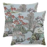 Pillow Cover 20x20 Inch Set of 2, Asian Scenic Coral Green Blue Throw Pillows Farmhouse Chinoiserie Decorative Pillowcase Linen Cushion Cover for Home Sofa Bedroom Outdoor - Retail: $19