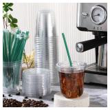25 Set Plastic Cups with Lids and Straws, Disposable Plastic Iced Coffee Cup for Cold Beverage Juice Smoothie Crystal for Coffee Shops Party Catering(Clear,14 oz) - Retail: $18