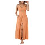 Women Spaghetti Strap Midi Dress Sleeveless V Neck Cutout Slit Casual Beach Party Maxi Dresses Pockets(Light Orange, Small) - Retail: $50