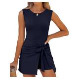 Women Summer Sleeveless Bodycon Tie Cinched Waist Romper Skort Mini Dress Built in Shorts Night Out Vacation Dress Navy Blue XX-Large - Retail: $30