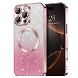 iPhone 16 Pro Max Case Clear Magnetic Glitter Phone Cases [Compatible with MagSafe] Full Camera Lens Protector Slim Gradient Sparkle Luxury Plating Shockproof Protective Cover Women, Pink - Retail: $1