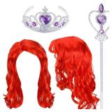 Halloween Mermaid Costume Wig Long Wavy Red Cosplay Hair Wig with Princess Tiara, Wand Cosplay Accessories for Halloween Party, over 8 years old