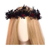 Gothic Black Flower Crown - Woodland Fairy Headpiece Dark Forest Circlet Elf Leaf Tiara for Women Witch Goth Wedding Renaissance Halloween Renfaire Cosplay - Retail: $19