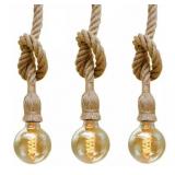 Set of 3 Rustic Vintage Hemp Rope Pendant Lights Handcrafted Farmhouse Hanging Light Fixtures with Adjustable Heights for Kitchen Island, Dining Room, or Bar Decor. NO Bulbs.  - Retail: $27