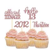 24Pcs Glitter 13th Birthday Cupcake Toppers, Hello 13th Birthday Cake Topper- 13th Birthday Decorations for Celebrating Official Teenager Thirteen Years Old Birthday Party Supplies (Rose Gold)