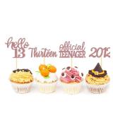 24Pcs Glitter 13th Birthday Cupcake Toppers, Hello 13th Birthday Cake Topper- 13th Birthday Decorations for Celebrating Official Teenager Thirteen Years Old Birthday Party Supplies (Rose Gold)