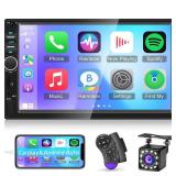 Double Din Car Stereo with Carplay and Android Auto, 7 Inch HD Touchscreen Car Radio with Bluetooth/Mirror Link/EQ/FM/SWC/AUX/USB/RCA + Rear Camera - Retail: $37