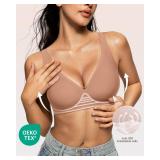 OEAK Womens Deep V Bras Wireless Comfortable Bra Supportive No Underwire Bras Tshirt Push Up Bralettes Plunge Seamless Bra Latte XXL