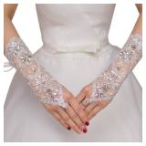 Ayliss Lace Fingerless Rhinestone Bridal Gloves - Crystal Bridal Lace Gloves for Wedding Party Opera Prom Halloween (White)