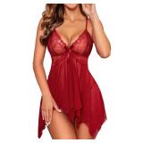 Avidlove Holiday Lingerie Lace Babydoll Sleepwear Boudoir Outfits Maternity Lingerie Dress Dark Red XS