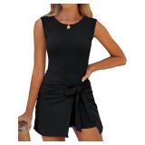 Caracilia Women Summer Sleeveless Bodycon Tie Cinched Waist Romper Skort Mini Dress Built in Shorts Night Out Vacation Dress Black Medium