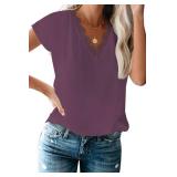 lime flare Women Sexy V Neck Lace Trim Satin Tee Shirt Tops Dressy Silk Summer Tank Tshirt Blouse (X-L,Purple Eyelash Lace Short Sleeve)